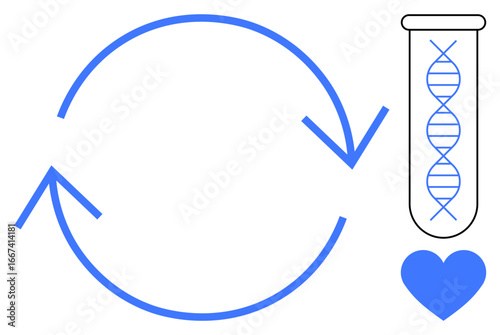 DNA in test tube symbolizes science and genetics. Circular arrows imply regeneration and sustainability. Heart highlights wellness. Ideal for healthcare, biotechnology, research, sustainability