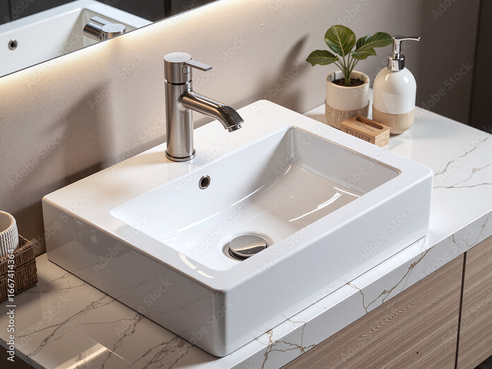 Fototapeta premium A beige bathroom sink with a white ceramic basin and a matte silver faucet, beige and metallic accents add warmth and sophistication to the bathroom.
