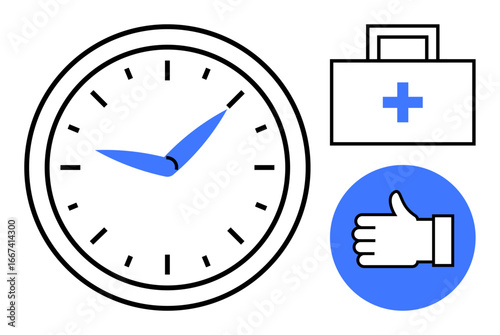 Analog clock, medical kit with a cross, thumbs-up icon in a circle. Ideal for healthcare, wellness management, time efficiency, work-life balance, productivity tips, self-care simple landing page