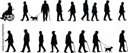 Silhouette people walking, elderly man with cane, woman, person in wheelchair, walking dog, urban lifestyle, disability, mobility, diversity, community