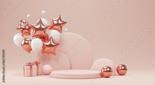 Chic Rose Gold and White Party Display with Podium and Gifts on a Soft Pink Background
