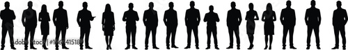 Silhouette group of business people, men and women, standing together, teamwork, leadership, corporate professionals, office workers, collaboration, success, communication