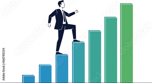 Businessman climbing bar graph, representing career growth and success isolated on white background