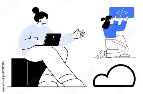 Woman discussing with laptop, teammate coding on screen, and cloud icon. Ideal for teamwork, programming, remote work, software development, cloud technology, tech simple landing page
