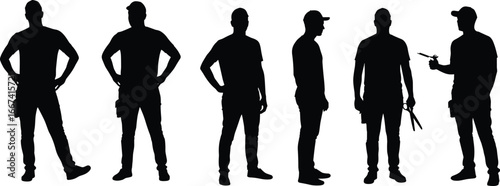 Silhouette construction workers, handyman with tools, technician holding pliers, professional labor, male figures, repair service, maintenance job, skilled tradesmen, industry, occupation