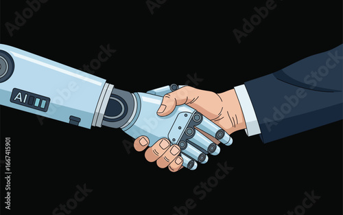 Robot and human handshaking as a symbol of artificial intelligence and future technology