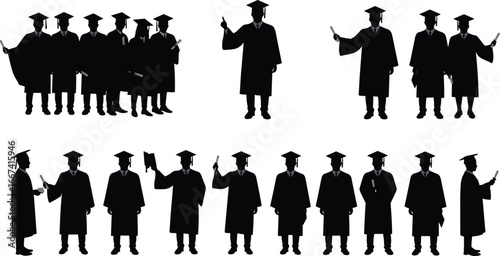 Silhouette graduation students, academic ceremony, graduate group, university education success, cap and gown, diploma achievement, young scholars, higher learning, celebration moment