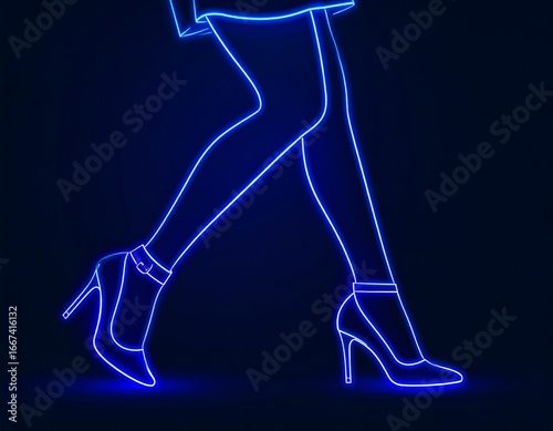 Neon blue silhouette of legs walking in heels