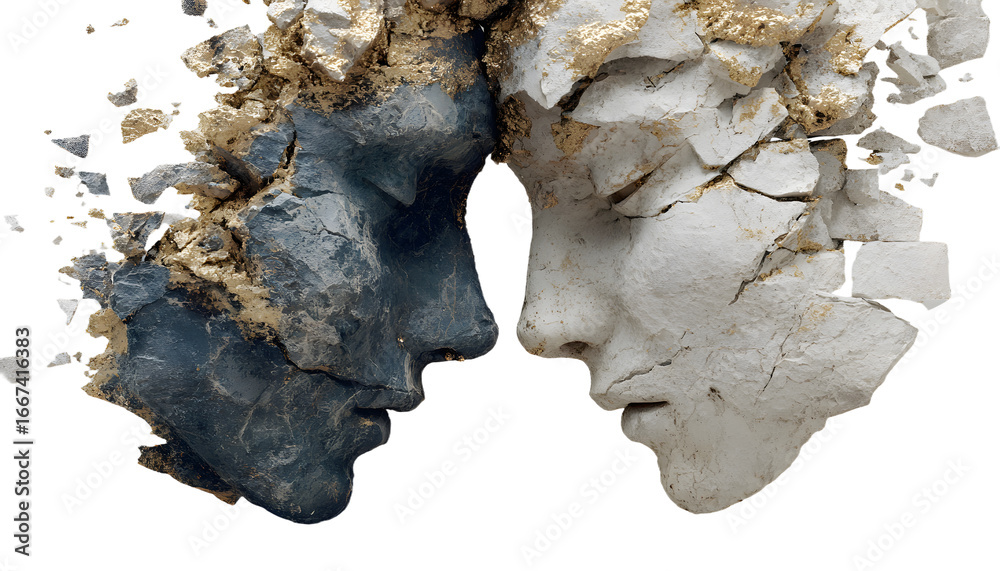 Obraz premium Conceptual image of two stone faces, one disintegratng, symbolizing human fraglity, mental health, and ientity crisis.