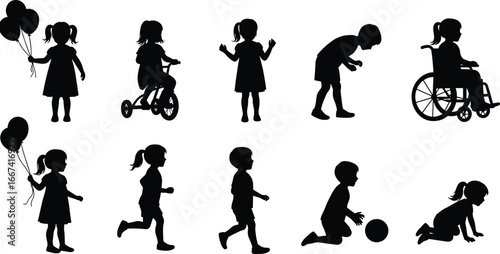 Silhouettes of children playing, running, walking, sitting, holding balloons, riding tricycle, boy and girl, wheelchair child, kids activity vector illustration
