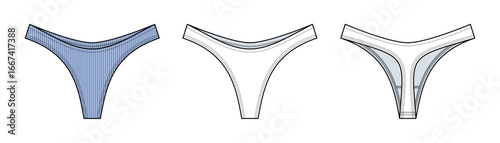 Mid-Rise Thong Underwear Technical Fashion sketch. Women’s Lingerie Vector Template. Front and Back View. Minimal Coverage. Comfortable Fit. Blue and White Color. CAD Mockup Set.