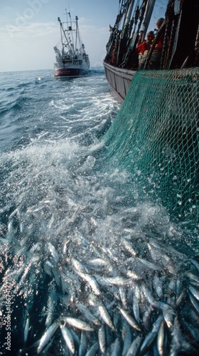 A fishing boat pulls in a net filled with fish, showcasing the activity and hustle of commercial fishing on the open sea.