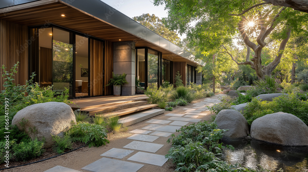 Fototapeta premium Modern House Oasis: A stunning modern house, with sleek architecture and natural elements, seamlessly integrates with the surrounding lush landscape, offering a serene and inviting retreat.