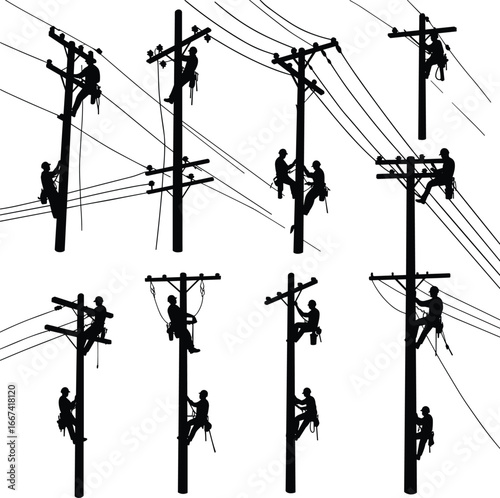 Silhouette of electrical linemen working on utility poles, repairing power lines, climbing electricity tower, energy service workers, communication cable repair, grid maintenance illustration