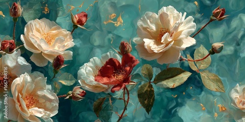 Abstract romantic background with teal turquoise gradient, ivory roses and red flower accent, watercolor golden reflections, elegant minimal composition for soft decorative design backdrop