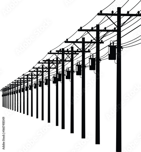 Row of utility power poles, high voltage transmission lines, electricity distribution system, electric grid network, energy supply infrastructure, cable silhouette