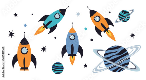 Blast off into adventure with vibrant rockets and planets, a cosmic journey for all ages