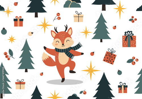 Joyful fox character with festive Christmas elements, celebrating winter wonder and holiday cheer