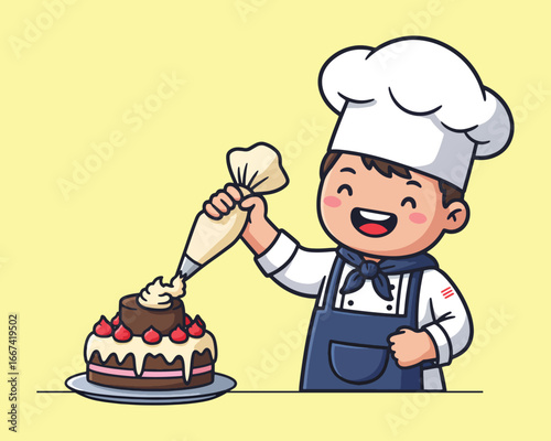 A cheerful cartoon chef decorates a chocolate cake with frosting, smiling brightly.