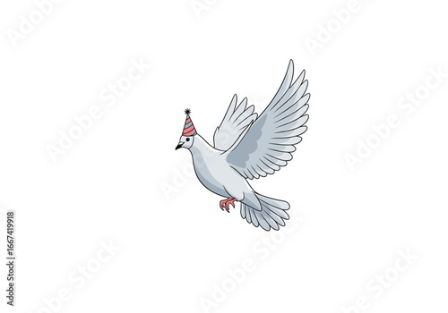 Whimsical dove wearing festive party hat soars joyfully, spreading cheer for celebrations.