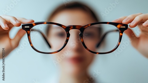 Woman holding eyeglasses with closeup.