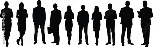 Business people silhouettes, professional team in formal suit, corporate worker icons, office staff figures, teamwork group illustration, black shadow design