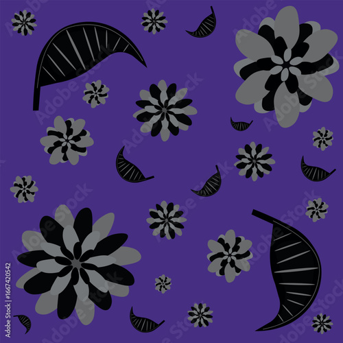 Floral pattern on a deep purple background. Rich and dramatic, great for fashion, wallpapers, and bold packaging.