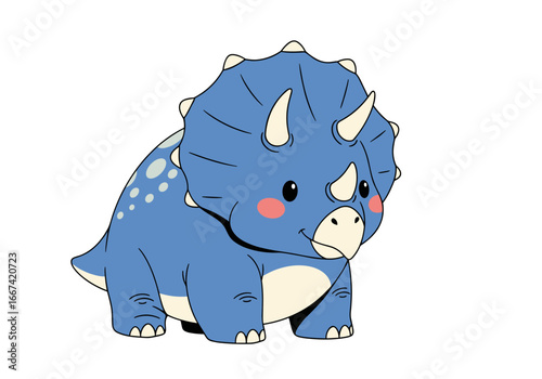 Adorable blue Triceratops dinosaur with cute horns and rosy cheeks, perfect for kids