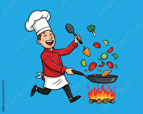 A cartoon chef joyfully tossing vegetables into a hot pan over a campfire.