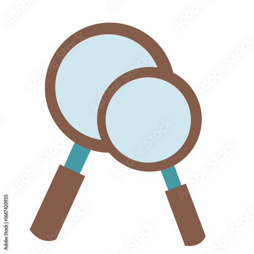Flat 2D illustration of two overlapping magnifying glasses with brown handles and blue circular lenses on a white background, minimal vector design.
