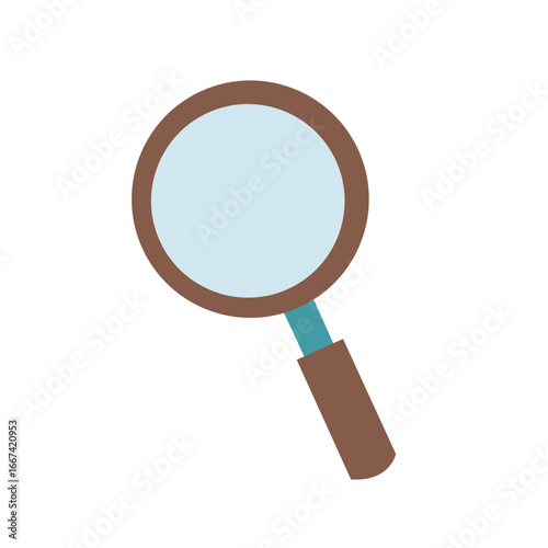 Flat 2D illustration of a single magnifying glass with brown handle and blue lens on a white background, minimal vector design.
