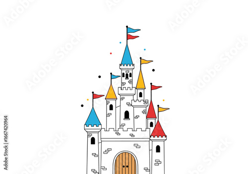 Whimsical cartoon castle with colorful flags creates magical fantasy and storybook charm