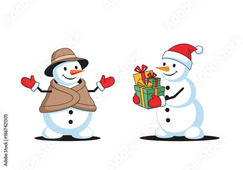 Joyful snowmen share festive gifts, embodying holiday cheer and generosity in a heartwarming scene