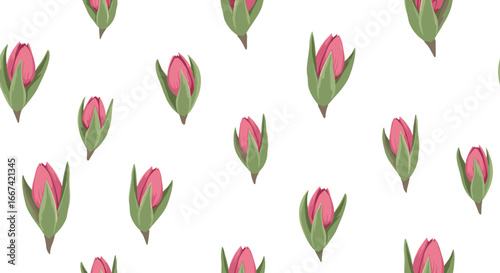 A delicate collection of pink tulip buds with green leaves on a white background a charming botanical illustration