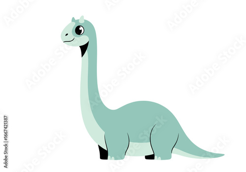 Friendly green dinosaur with a long neck smiling and looking to the side with a playful expression isolated on white background for children educational materials or decoration