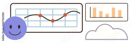 Graph trends with data points, bar chart, smiling face, and cloud icon. Ideal for analytics, performance, feedback, data management, business growth tech solutions simple flat metaphor