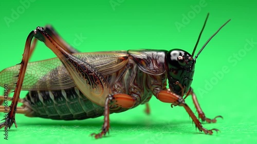 Detailed Eye Level Shot of Brown and Black Mormon Cricket Anabrus Simplex Isolated on a Green Screen Background Showing Exoskeleton Legs and Antennae Perfect for Education Content Isolated by Green