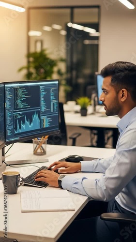 Focused Indian male programmer coding on a computer with dual monitors. Young software developer working on data analytics at his desk in a modern office.