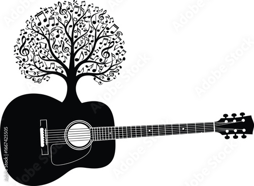 Acoustic guitar with tree of music notes illustration isolated on white background