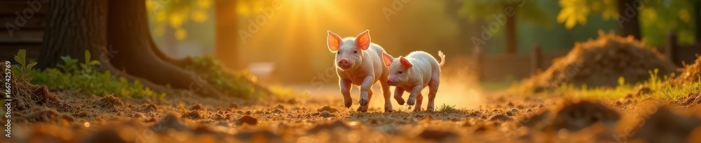 Piglet frolics in sun-drenched farmyard, straw piles, trees , yard, summer, playful piglet Piglet frolics in sun-drenched farmyard, straw piles, trees , yard, summer, playful piglet