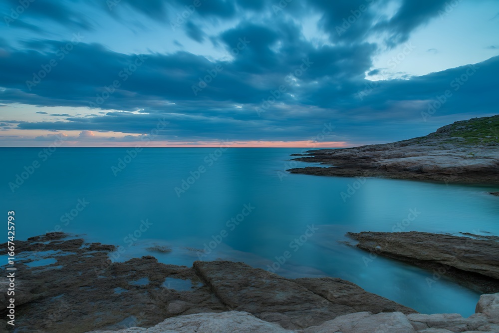 Fototapeta premium Serene coastal landscape at dusk with dramatic clouds over calm ocean water