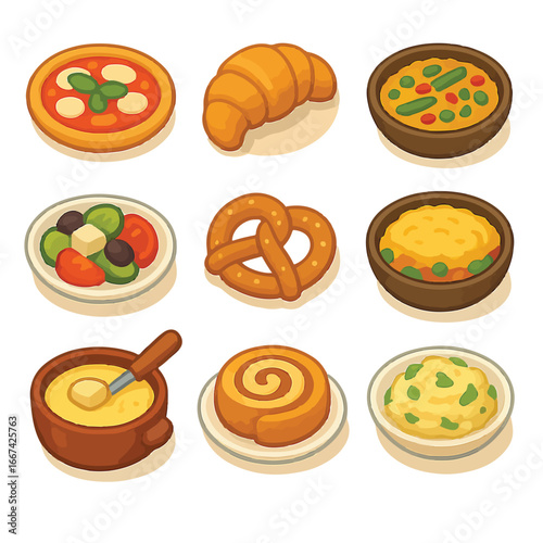 Delicious assorted food items like pizza, croissant, pretzel, salad, and cheese fondue presented appetizingly
