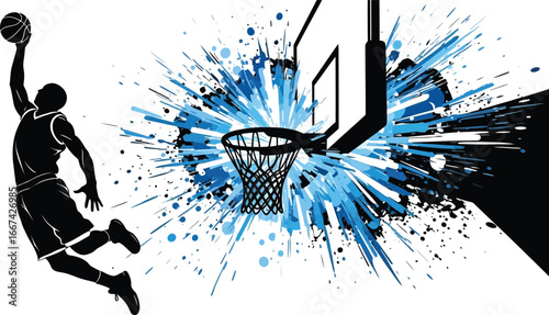 Silhouette of basketball player doing slam dunk with blue splash isolated on white background