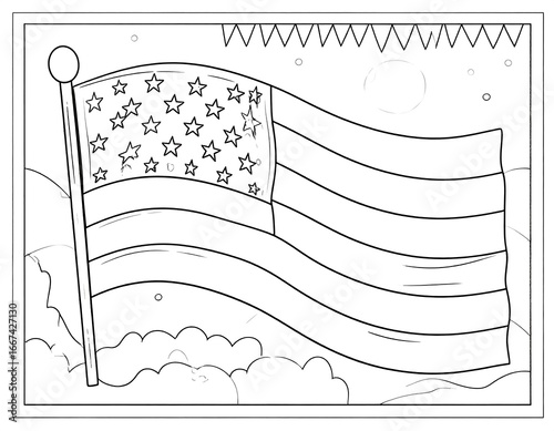 Black and white coloring page of an American flag (1)