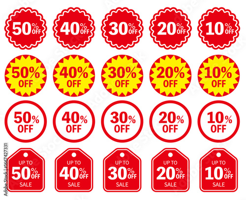 Discount Sale Labels Vector Set – 10% to 50% OFF Icons