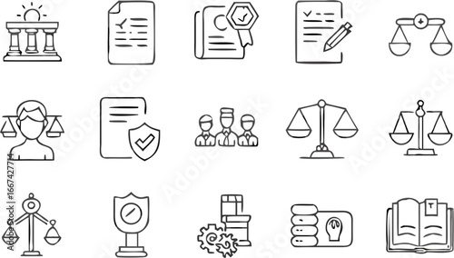 Vector illustration showing legal and justice system icons including scales documents and courthouse line art
