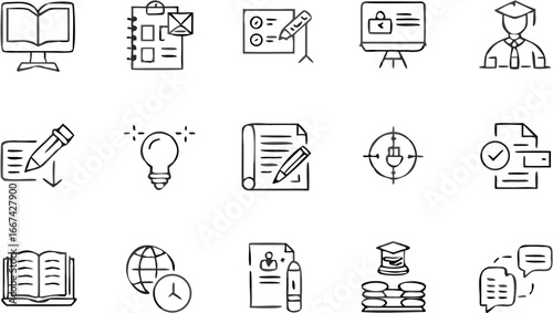 Vector illustration of education and business icons including book, document, graduate, and lightbulb elements