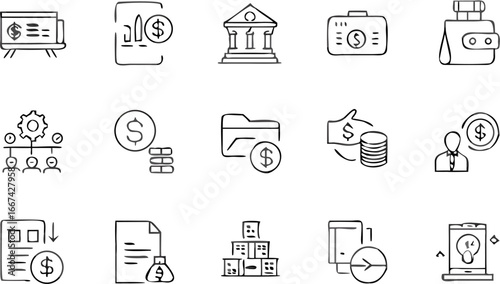 Vector illustration showing financial and business icons including money and banking elements in black and white