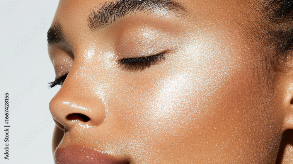 Fototapeta premium Radiant skin with highlighter accentuating cheekbone, showcasing natural glow and beauty