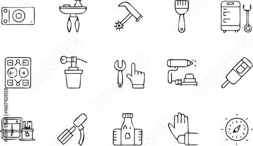 Vector illustration of various tools and equipment including a hammer paint brush and wrench in black and white